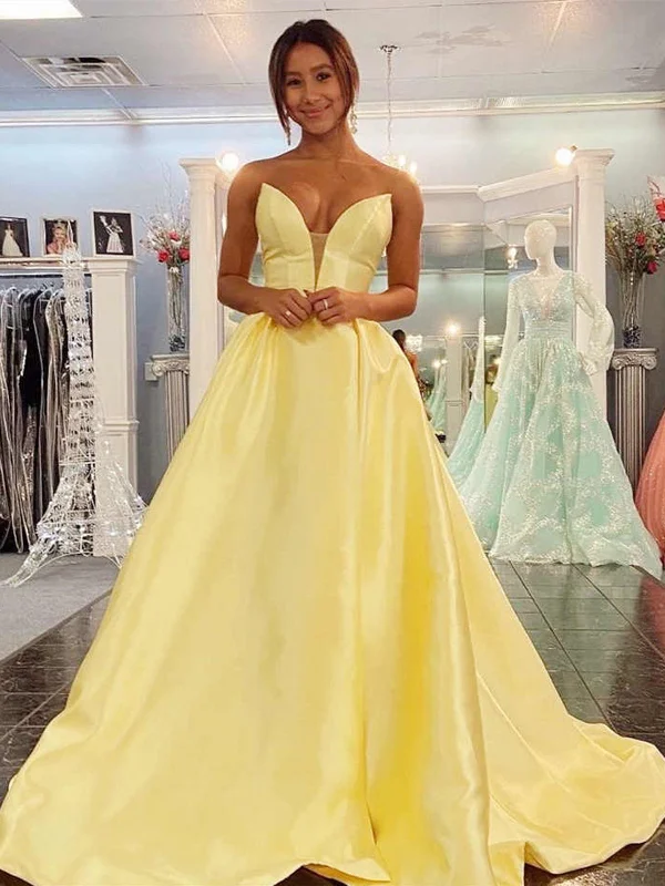 flashy party dressesV Neck Backless Strapless Yellow Long Prom Dresses, Backless Yellow Formal Graduation Evening Dresses SP2278