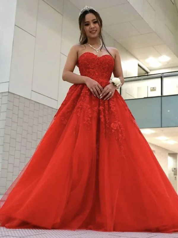 pastel party dressesSweetheart Neck Beaded Red Lace Long Prom Dresses, Strapless Red Formal Evening Dresses, Red Lace Ball Gown SP2065