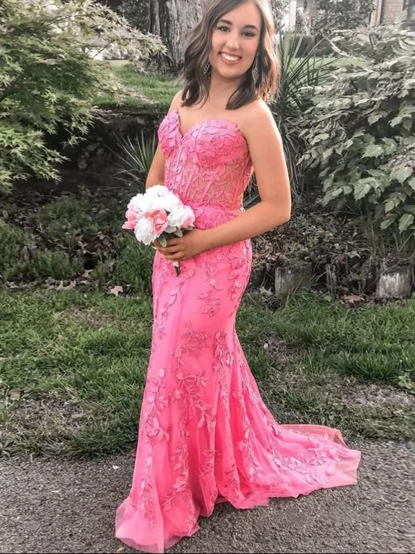 figure-flattering party dressesStrapless Mermaid Hot Pink Lace Floral Long Prom Dresses, Mermaid Hot Pink Formal Dresses, Hot Pink Lace Evening Dresses SP2115