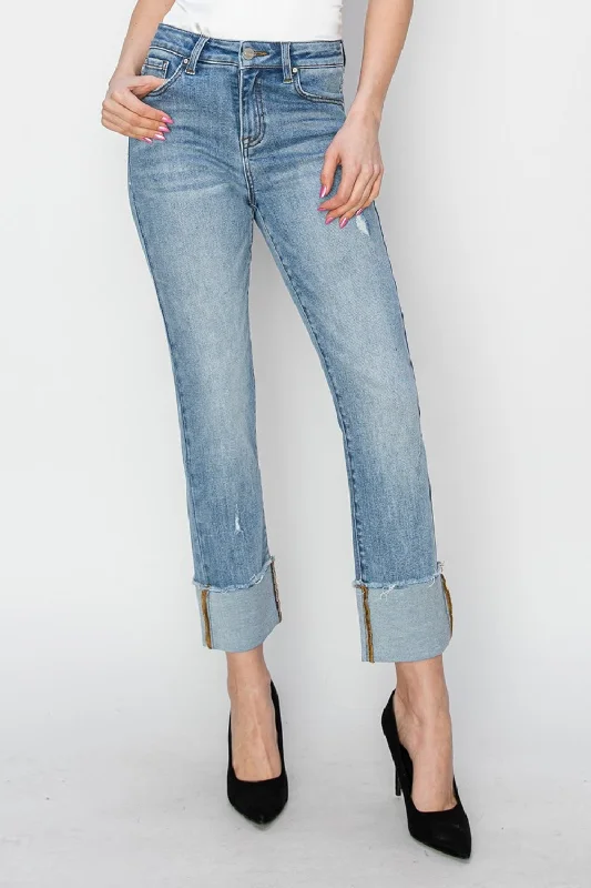 women's denim jeans with elastaneRISEN High Rise Cuffed Slim Straight Jeans