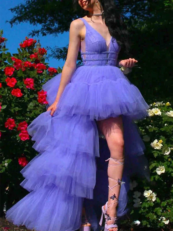 ruffle party dressesHigh Low V Neck Lilac Tulle Layered Long Prom Dresses, High Low Purple Formal Evening Dresses SP2337