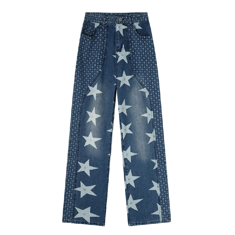 women's denim jeans with leather patchesHip Hop Stars Woven Panel Jeans