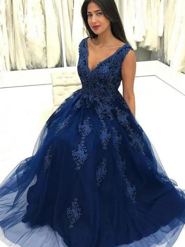 sustainable party dressesV Neck Navy Blue Lace Long Prom Dresses, Navy Blue Lace Formal Dresses, Lace Floral Evening Dresses SP271