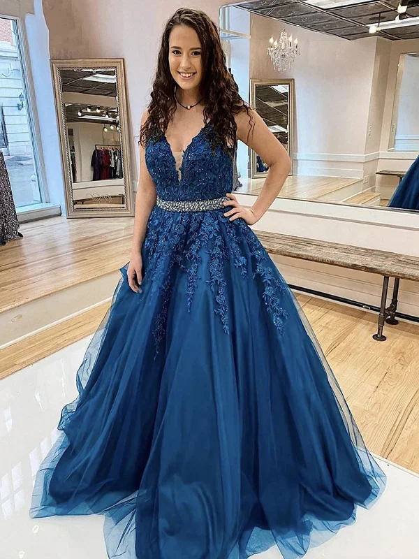 high-low party dressesV Neck Beaded Blue Lace Floral Long Prom Dresses, Blue Lace Formal Evening Dresses with Appliques SP2212