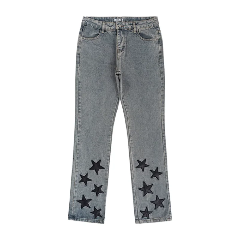 women's black denim jeansVintage Star Embroidery Distressed Jeans