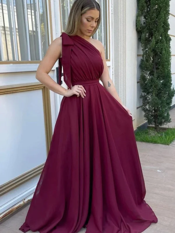 glam party dressesOne Shoulder Maroon Chiffon Long Prom Dresses, One Shoulder Burgundy Formal Dresses, Burgundy Evening Dresses SP2500