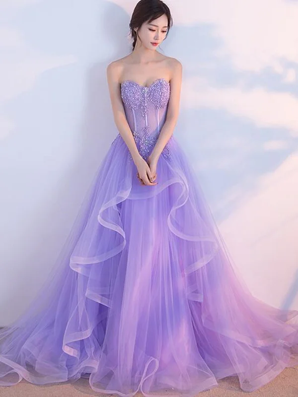 long party dressesElegant Strapless Open Back Purple Lace Long Prom Dresses, Purple Lace Formal Evening Dresses, Purple Ball Gown SP2233