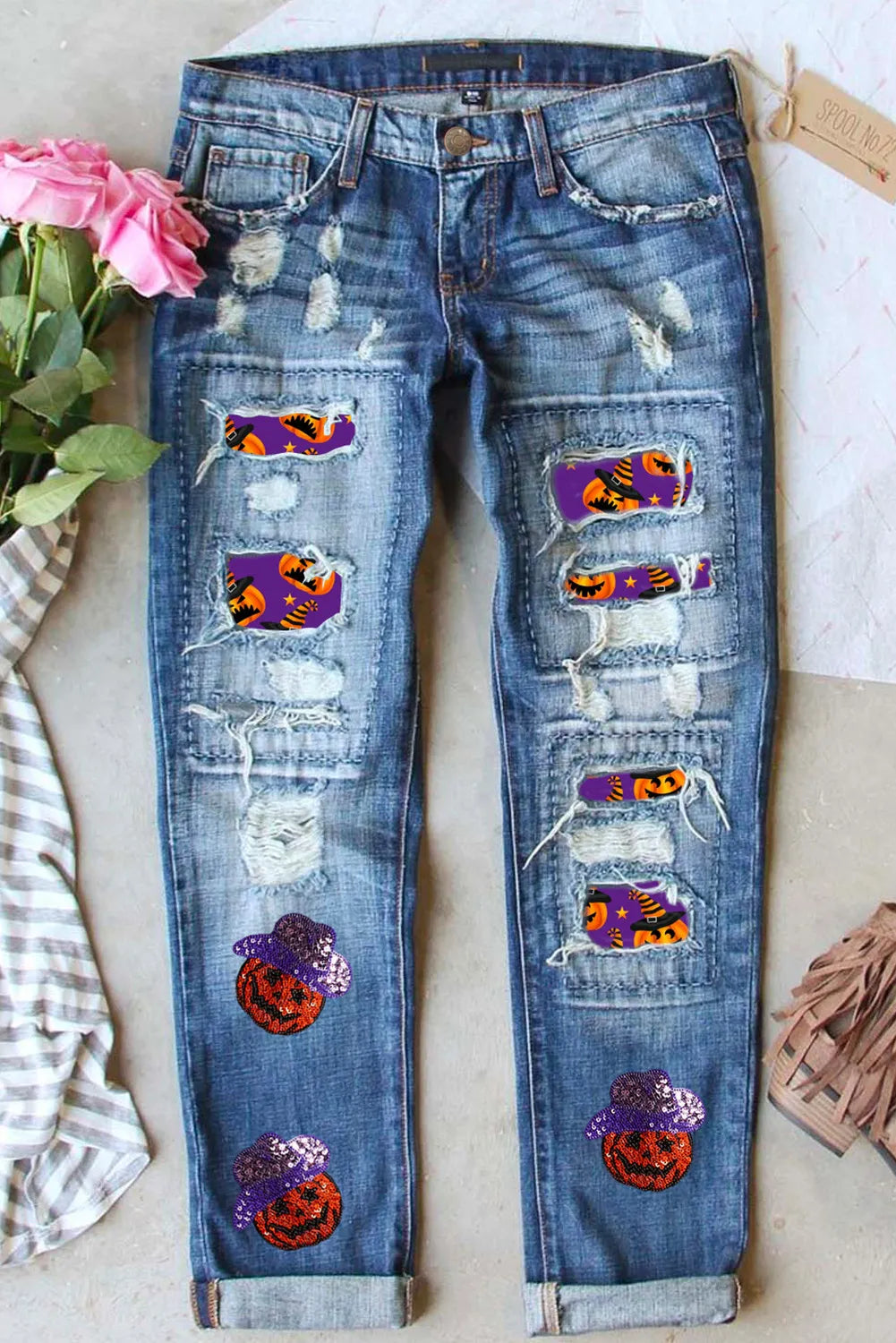 women's acid-washed denim jeansDistressed Sequin Pumpkin Jeans