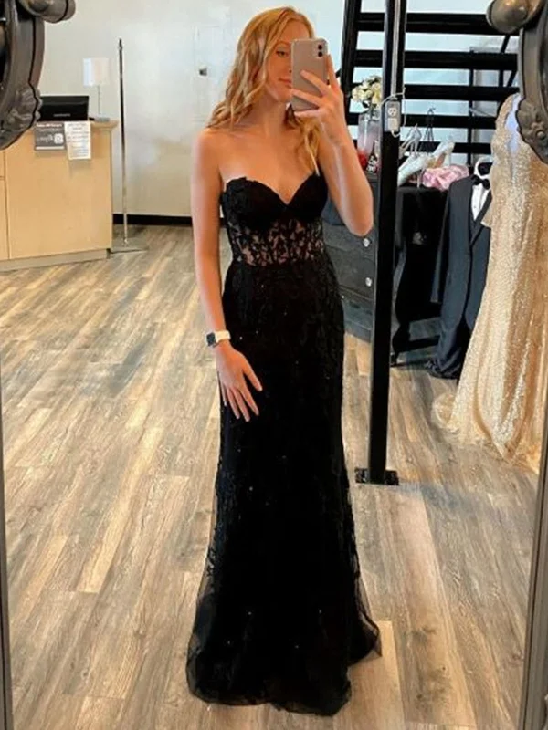 stylish party dressesMermaid Open Backe Black Lace Long Prom Dresses, Strapless Black Formal Dresses, Black Lace Evening Dresses SP2236