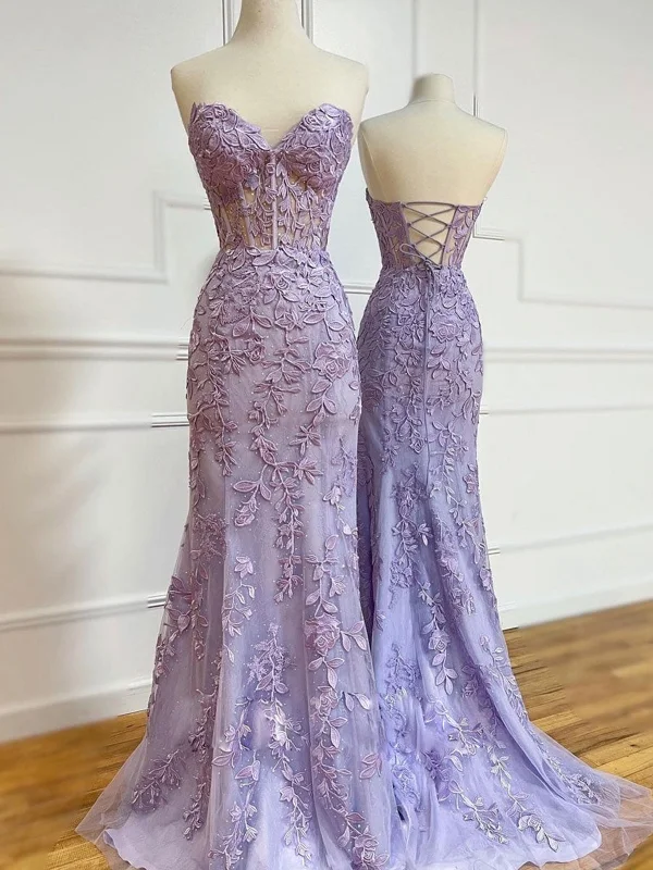 bachelorette party dressesSweetheart Neck Mermaid Purple Lace Long Prom Dresses, Purple Lace Formal Dresses, Mermaid Purple Evening Dresses SP2191