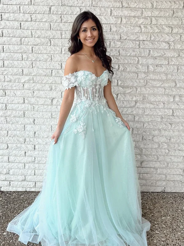 asymmetrical party dressesOff Shoulder Mint Green Tulle Lace Floral Long Prom Dresses, Mint Green Formal Graduation Evening Dresses with Appliques SP2208