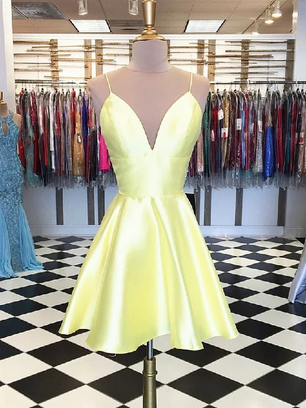 illusion-sleeve party dressesSimple A Line V Neck Yellow Homecoming Dresses Short Prom Dresses, Yellow Graduation Dresses, Formal Dresses, Evening Dresses