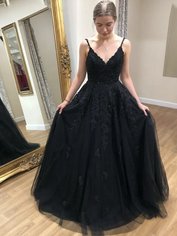 handmade party dressesA Line V Neck Open Back Black Lace Long Prom Dresses, Black Lace Formal Dresses, Black Evening Dresses