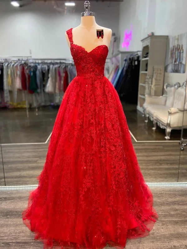 flashy party dressesOne Shoulder Sweetheart Neck Red Lace Long Prom Dresses, Red Lace Formal Dresses, Red Evening Dresses SP2150