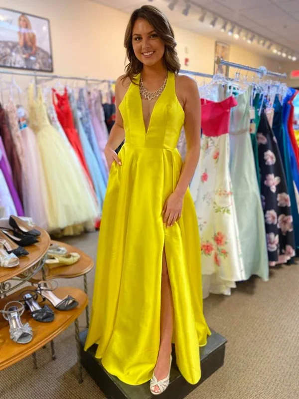 mini party dressesA Line V Neck Open Back Yellow Satin Long Prom Dresses with Slit, V Neck Yellow Formal Graduation Evening Dresses SP2360