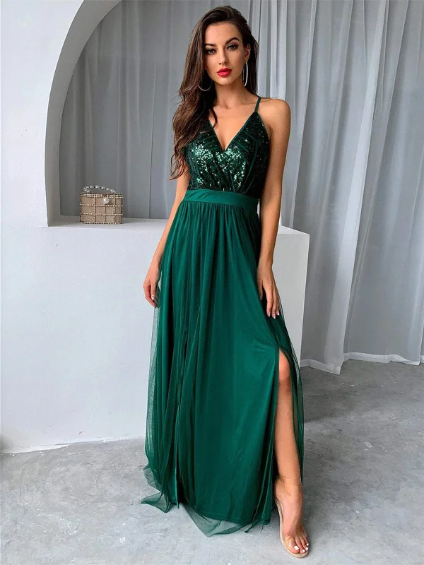 Halloween party dressesV Neck Backless Green Long Prom Dresses with Sequins Top, Backless Green Formal Graduation Evening Dresses SP2398