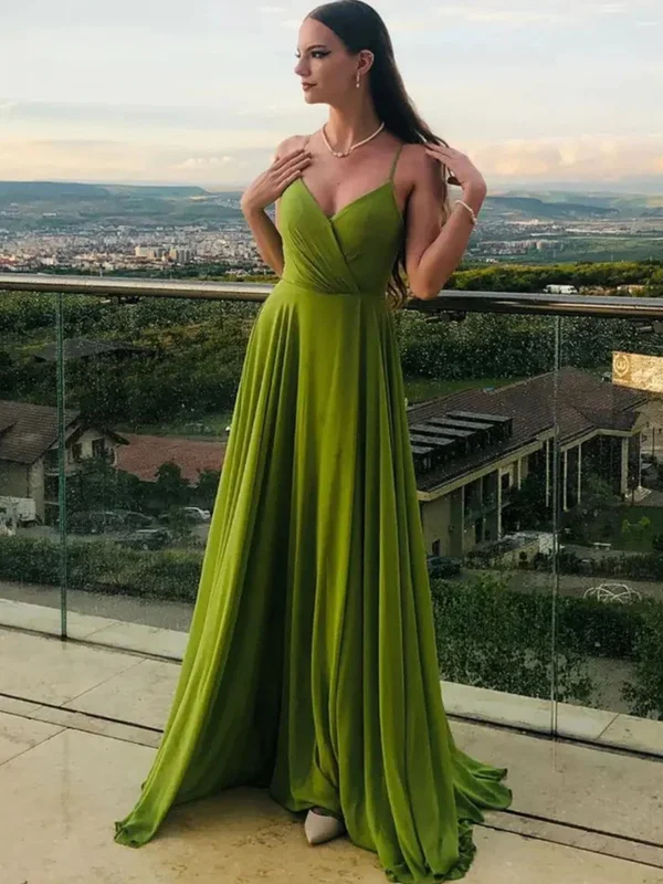 ruffle party dressesA Line V Neck Green Chiffon Long Prom Dresses with Leg Slit, V Neck Green Formal Graduation Evening Dresses SP2423