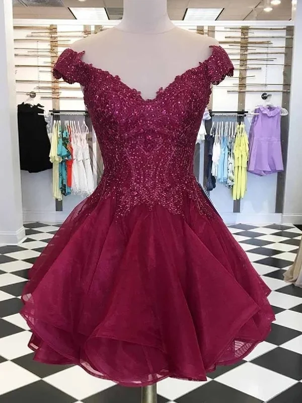 bold color party dressesBurgundy Cap Sleeves Lace Short Prom Dresses Homecoming Dresses, Burgundy Lace Formal Dresses, Graduation Dresses, Burgundy Evening Dresses