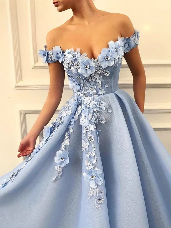 stylish party dressesOff the Shoulder Blue Lace Floral Prom Dresses Long, Off Shoulder Blue 3D Flowers Long Formal Evening Dresses