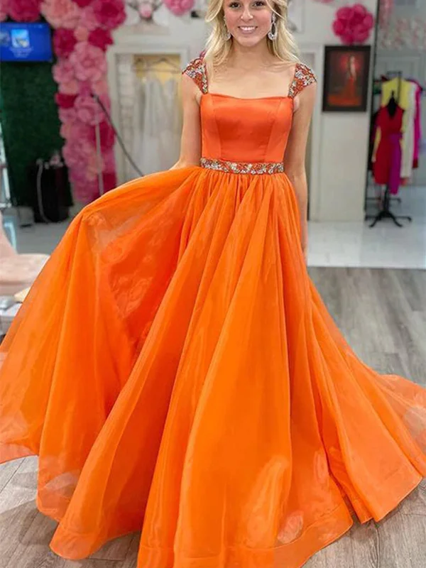 affordable party dressesCap Sleeves Beaded Orange Tulle Long Prom Dresses, Orange Tulle Formal Graduation Evening Dresses SP2282