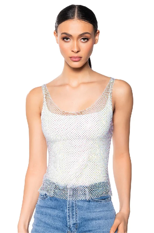 women's tops with spaghetti straps and deep V-necksANGEL VIBES RHINESTONE MESH TANK IN SILVER