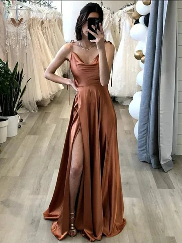 bohemian party dressesElegant Brown Satin Long Prom Dresses with High Slit, Long Brown Formal Graduation Evening Dresses SP2307