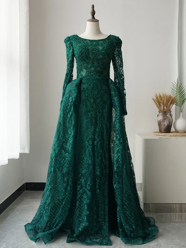 curve-hugging party dressesLong Sleeves Round Neck Green Lace Beaded Long Prom Dresses, Beaded Green Lace Formal Evening Dresses SP2116