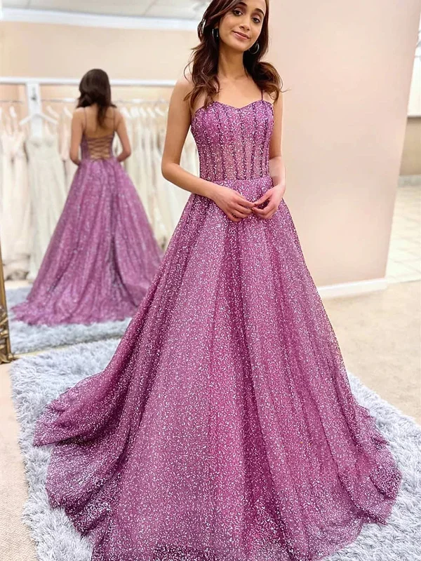 animal print party dressesSweetheart Neck Open Back Purple Tulle Long Prom Dresses, Sparkly Purple Formal Evening Dresses SP2389