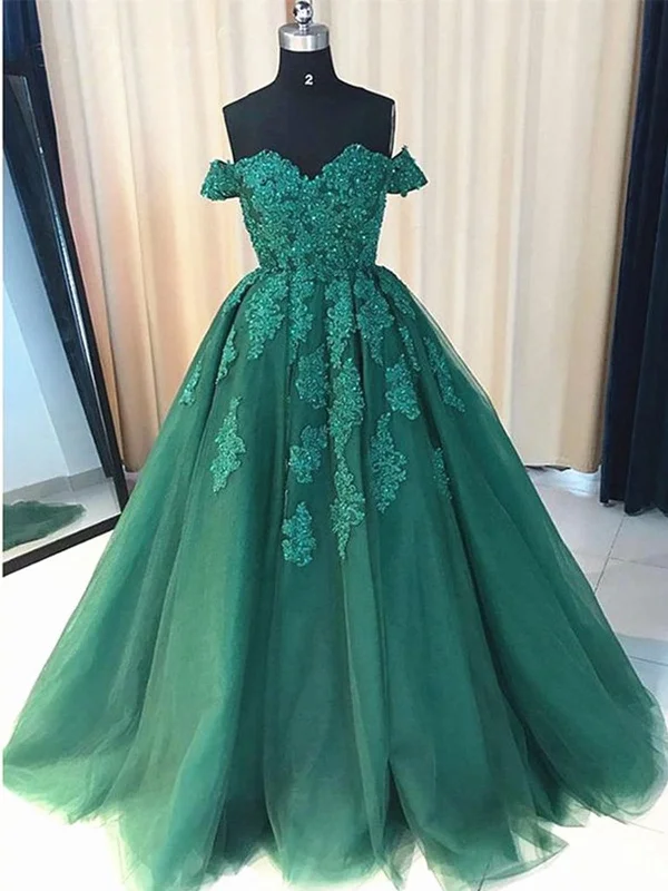 chic party dressesOff the Shoulder Beaded Emerald Green Lace Long Prom Dresses, Off Shoulder Green Lace Formal Evening Dresses, Green Ball Gown