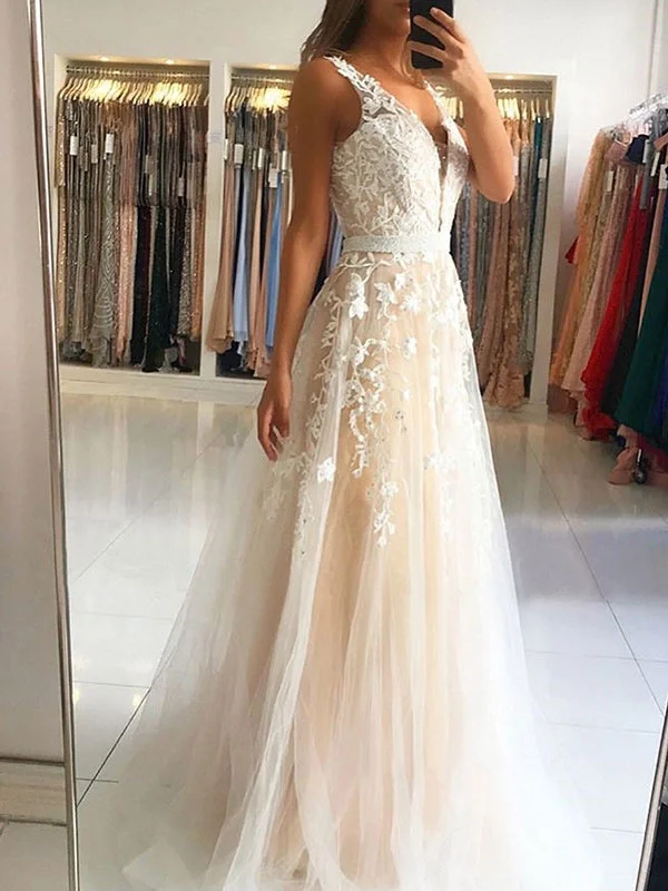 handmade party dressesA Line V Neck Light Champagne Lace Long Prom Dresses, Open Back Light Champagne Lace Formal Evening Dresses SP2172