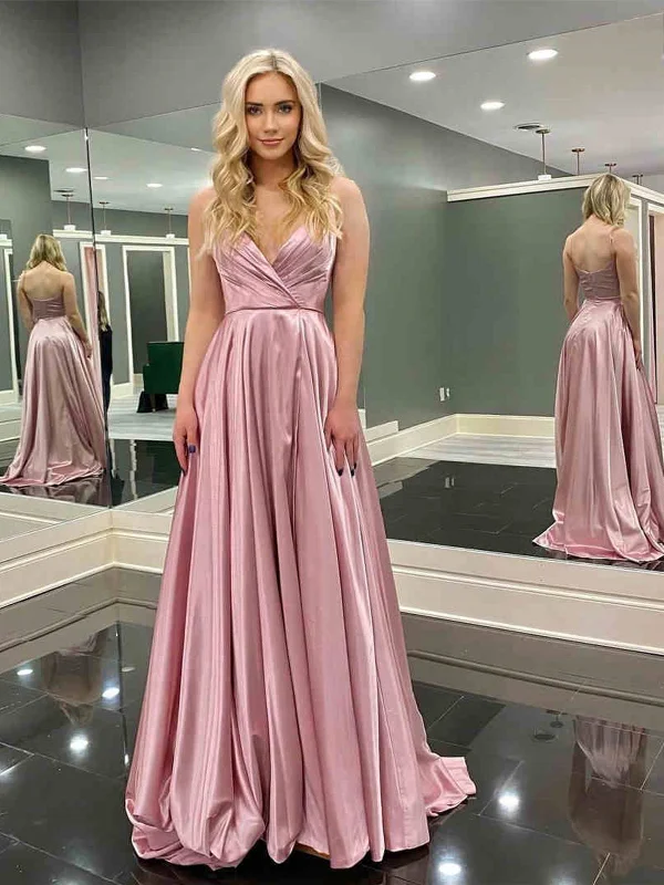 Halloween party dressesA Line V Neck Backless Pink Long Prom Dresses, V Neck Pink Formal Graduation Evening Dresses SP2312