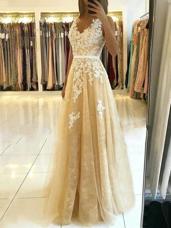 lace-up party dressesV Neck and V Back Champagne Lace Long Prom Dresses, Champagne Lace Formal Graduation Evening Dresses SP2209