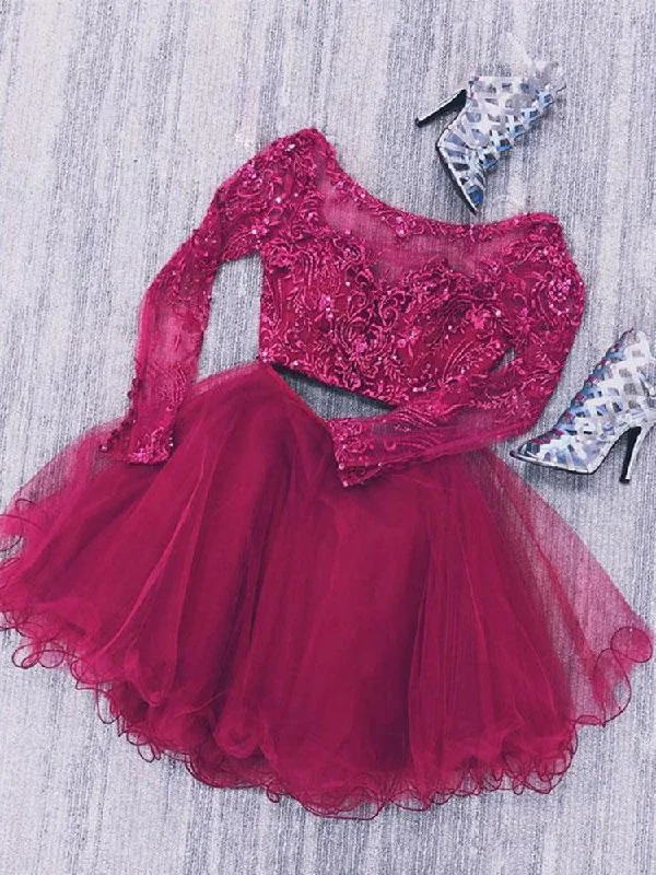 spaghetti-strap party dressesLong Sleeves Two Pieces Lace Beaded Burgundy Homecoming Dresses Short Prom Dresses, Burgundy Lace Formal Dresses, Evening Dresses