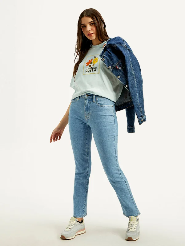 women's elastic waist denim jeansWomen's High Rise Straight Fit Light-blue Jeans