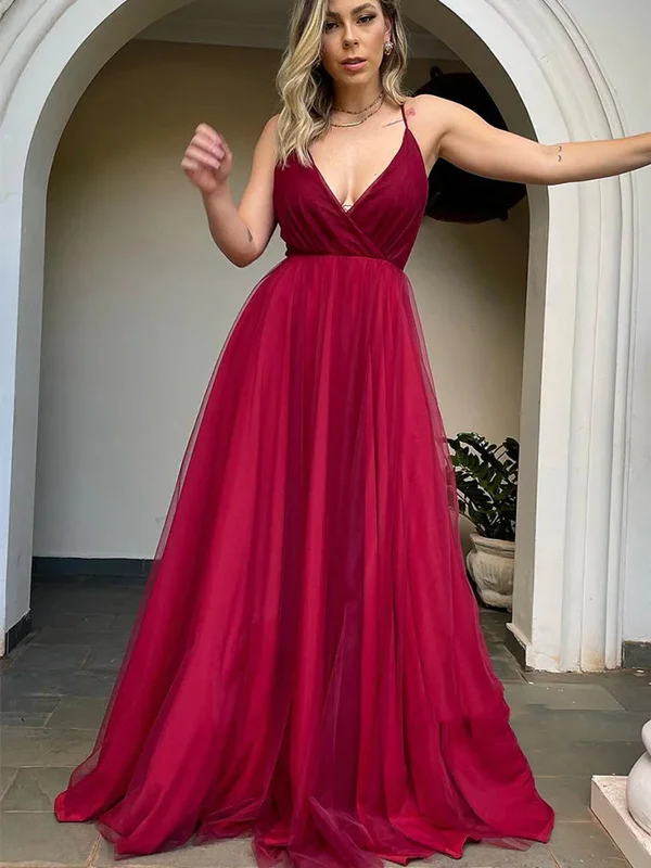 plus-size party dressesV Neck Backless Burgundy Tulle Long Prom Dresses, Backless Maroon Formal Dresses, Burgundy Evening Dresses SP2418