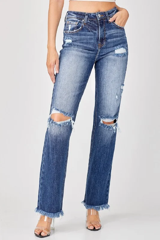 women's mid-rise denim jeansRisen Raw Hem Distressed Straight Jeans