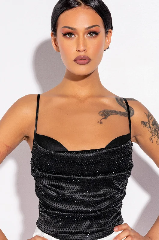 women's tops for those who love to experiment with fashionNOVA GIRL RHINESTONE COWL NECK TANK