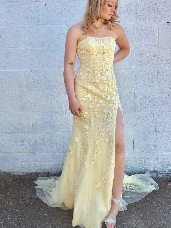 bohemian party dressesStrapless Open Back Yellow Tulle Lace Long Prom Dresses, Yellow Lace Formal Graduation Evening Dresses with High Slit SP2263