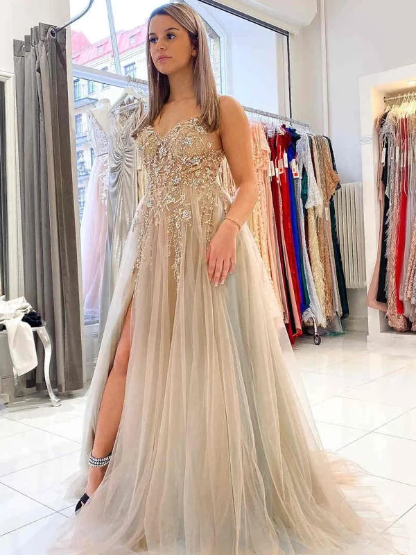 high-low party dressesV Neck Open Back Gray Tulle Beaded Long Prom Dresses with High Slit, Beaded Gray Formal Evening Dresses SP2250