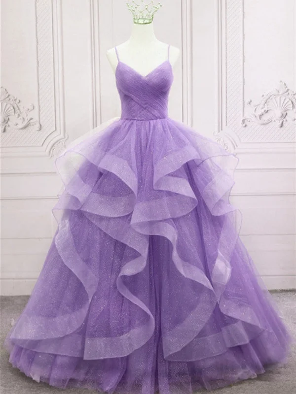 metallic party dressesV Neck Open Back Fluffy Purple Tulle Long Prom Dresses, Purple Tulle Formal Evening Dresses, Purple Ball Gown SP2494