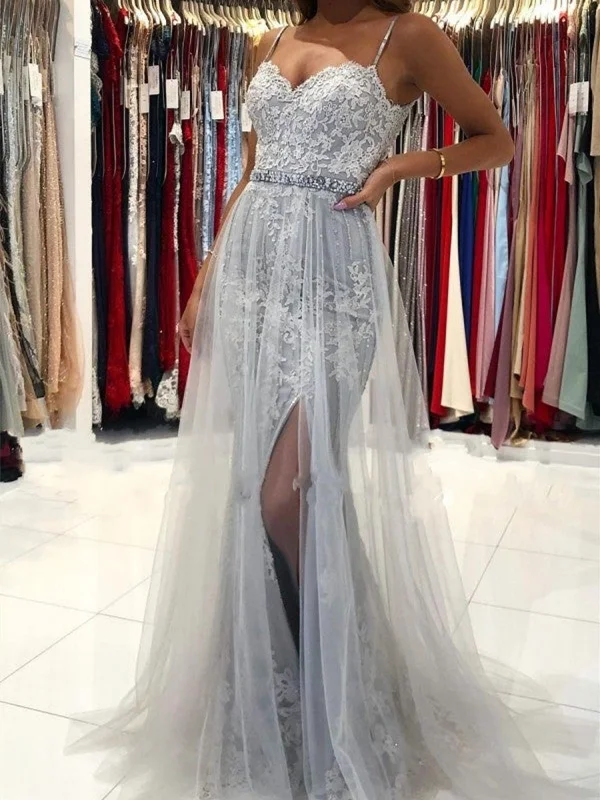 bachelorette party dressesElegant Mermaid Gray Lace Long Prom Dresses with High Slit, Gray Lace Formal Dresses, Mermaid Grey Evening Dresses SP2267