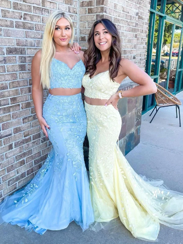 bodycon party dressesMermaid Two Pieces Light Blue/Yellow Lace Long Prom Dresses, Mermaid Light Blue/Yellow Lace Formal Dresses, Light Blue/ Yellow Evening Dresses SP2217