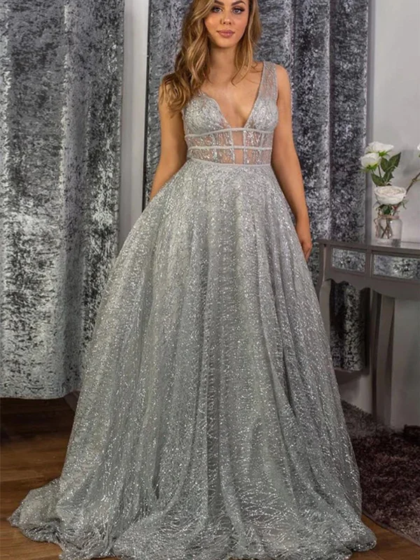 petite party dressesShiny Sequins V Neck Silver Gray Long Prom Dresses, Silver Grey Formal Graduation Evening Dresses SP2330