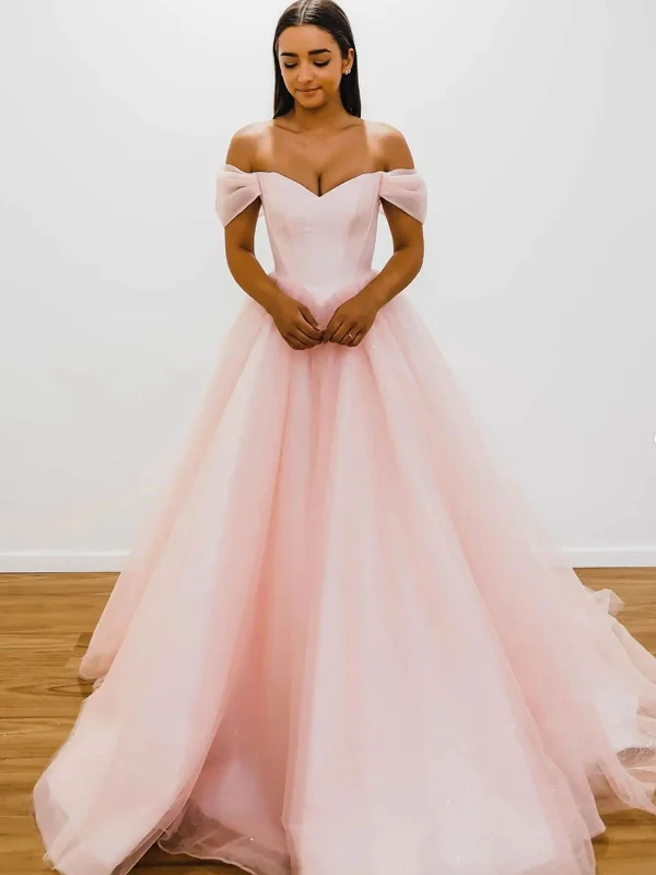 cocktail party dressesOff Shoulder Pink Tulle Long Prom Dresses, Pink Tulle Formal Graduation Evening Dresses SP2414