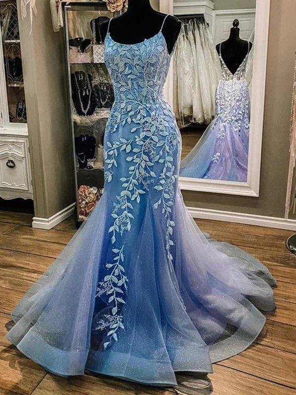 themed party dressesMermaid Open Back Blue Lace Long Prom Dresses, Mermaid Blue Formal Dresses, Blue Lace Evening Dresses SP2264