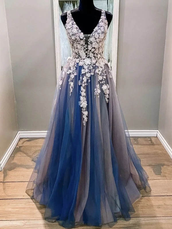 off-the-shoulder party dressesA Line V Neck Blue Lace Floral Long Prom Dresses, Blue Lace Formal Evening Dresses with Appliques