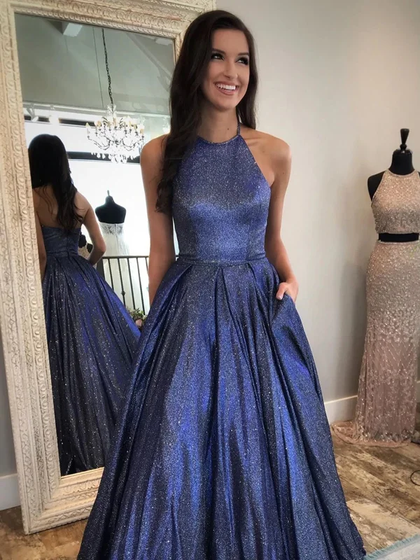 casual party dressesShiny Halter Neck Backless Dark Blue Long Prom Dresses with Pocket, Backless Blue Formal Graduation Evening Dresses SP2321