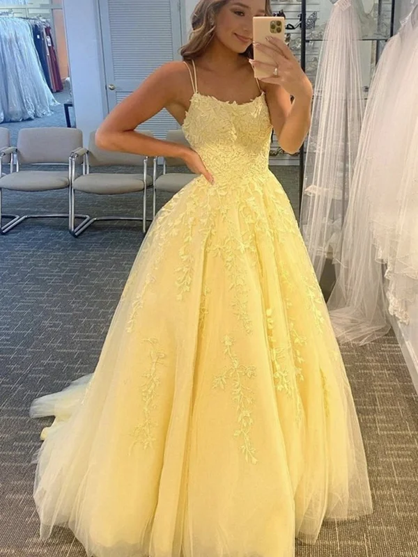 eco-friendly party dressesOpen Back Yellow Lace Long Prom Dresses, Yellow Lace Formal Dresses, Yellow Evening Dresses