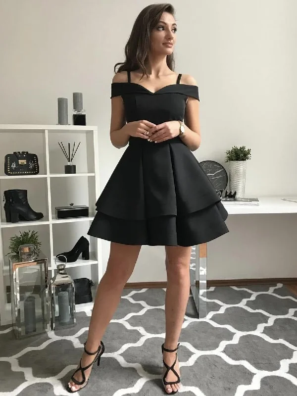 winter party dresses (with tights)Cute Off Shoulder Layered Black Short Prom Dresses, Off Shoulder Layered Black Homecoming Dresses, Black Graduation Dresses, Evening Dresses