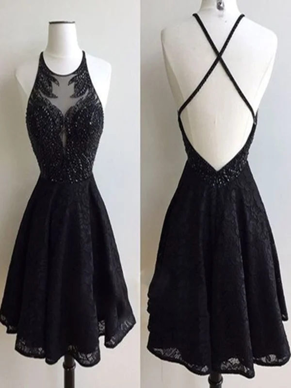 floral party dressesRound Neck Short Black Lace Prom Dresses, Short Black Lace Formal Dresses, Black Evening Dresses, Homecoming Dresses